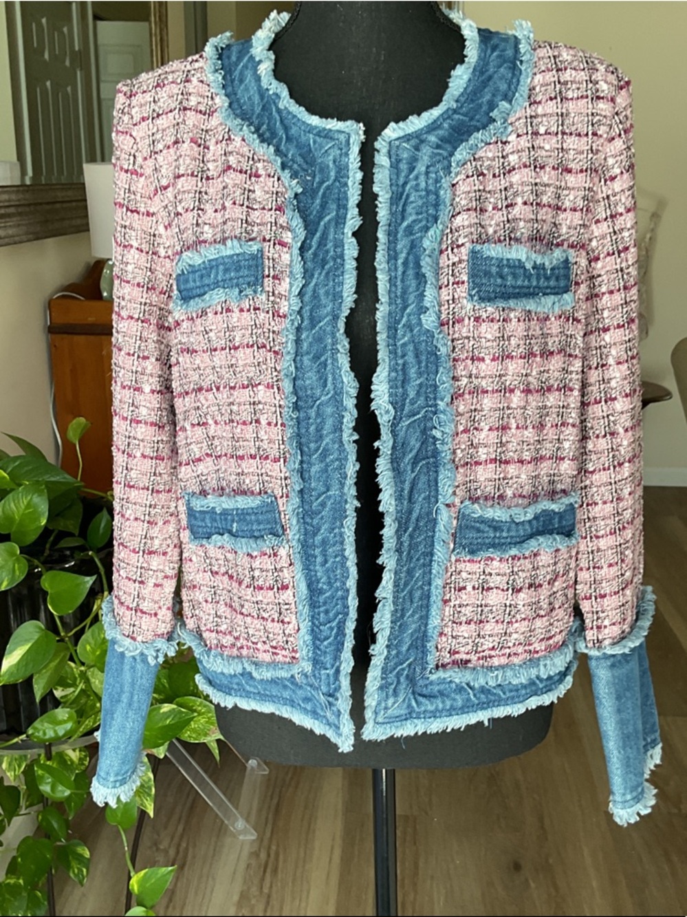 Nanette Lepore Pink Tweed Jacket with Blue Denim Trim